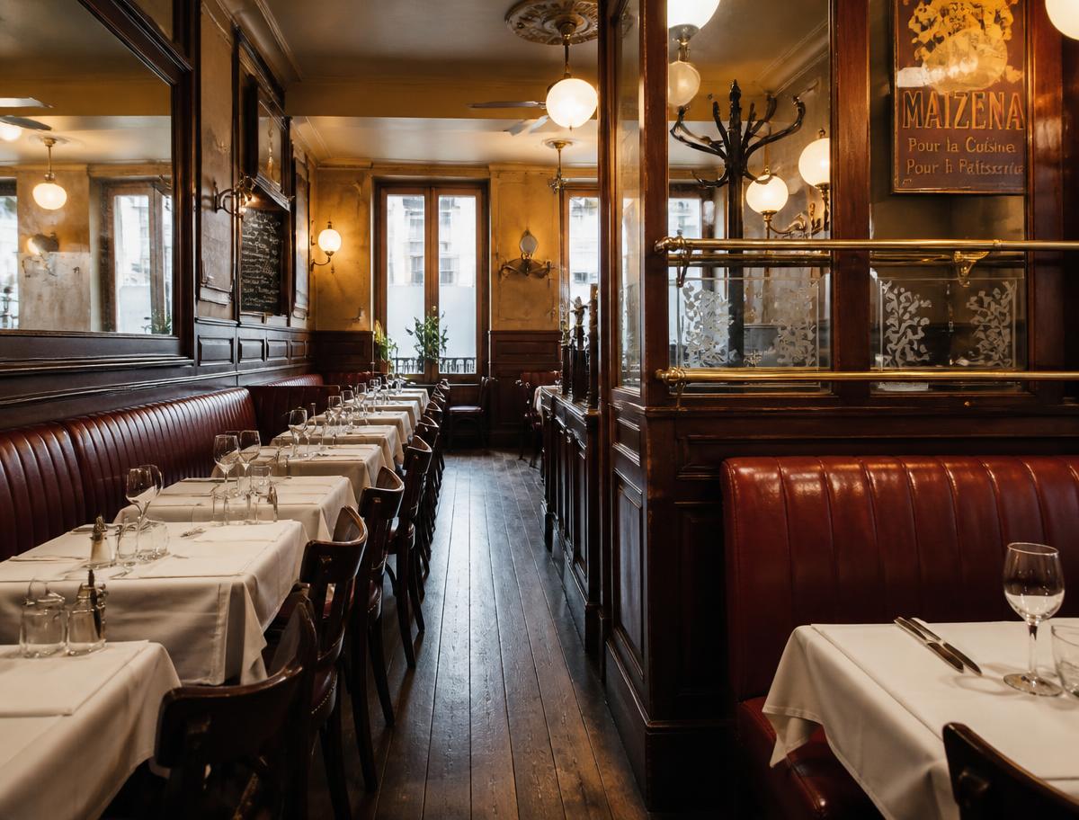 Salle de bistrot chaleureuse, banquettes et boiseries